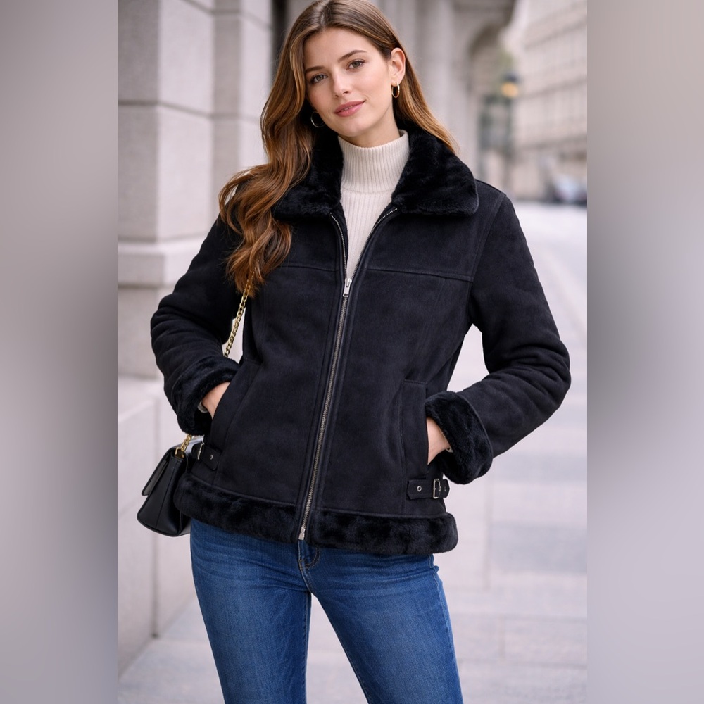 MP Member's Property Women Black Suede Jacket Faux Fur Lined Full Zip Size S NWT